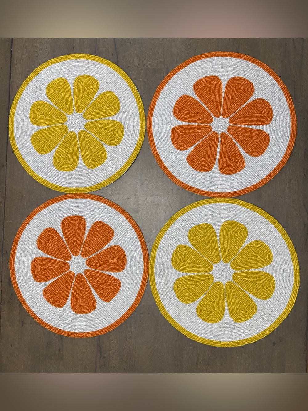 4pc Citrus Lemon Orange 14" Hand Beaded Placemat Centerpiece Set